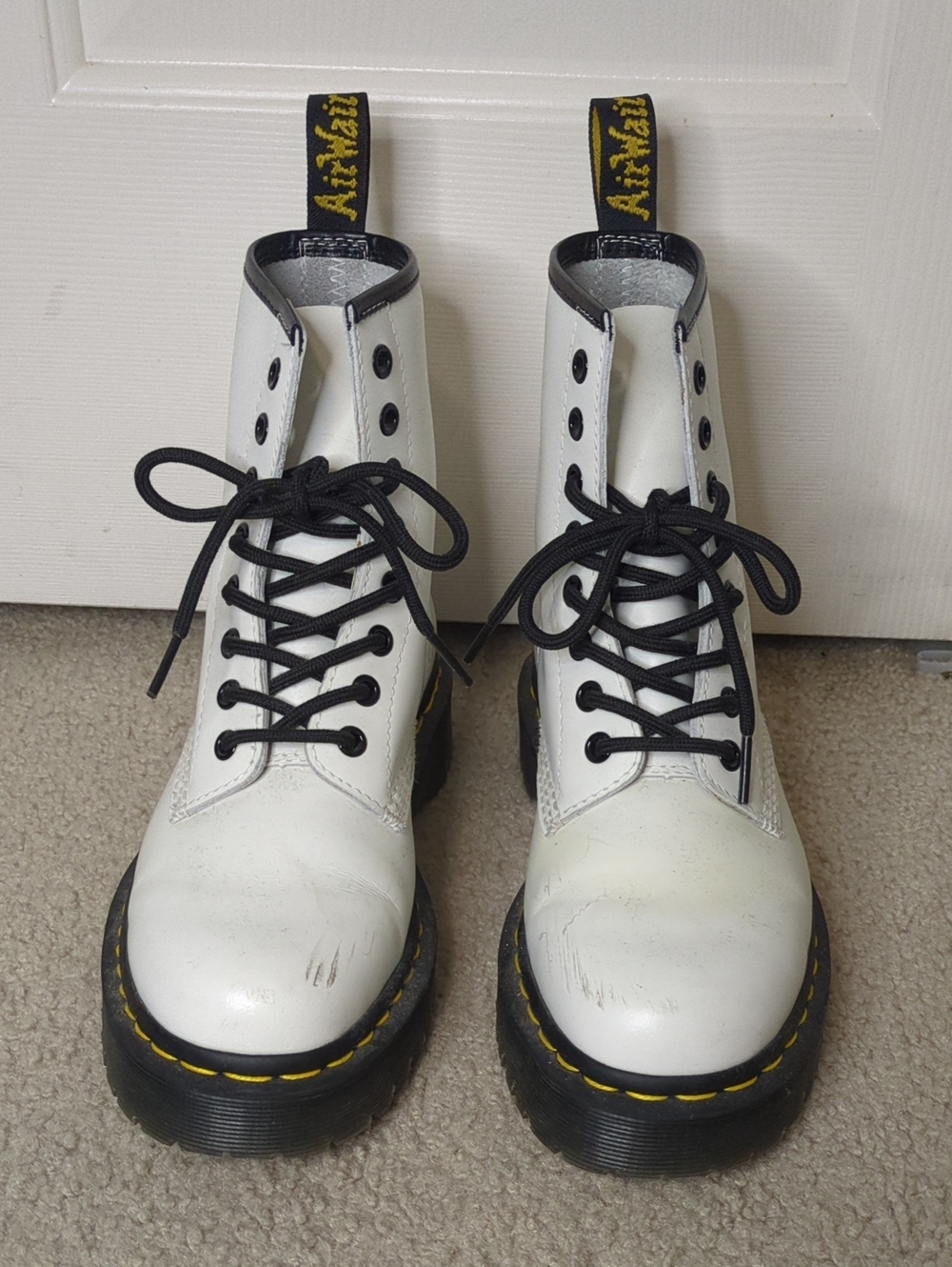 Dr. Martens White Leather Lace-Up Boots with Black Accents